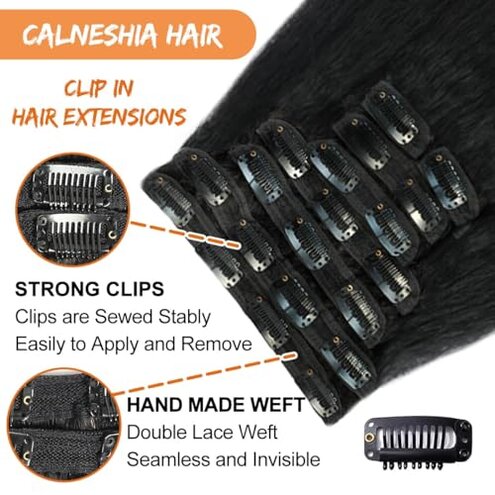 Kinky Straight Clip ins 8Pcs 120g 14 Inch Clip in Hair Extensions Real Human Hair Yaki Straight Clipins for Black Women Full Head Brazilian Remy Hair Extensions Double Weft 20 Clips