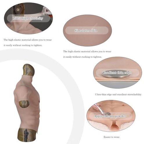 QUEENDY High Collar Silicone Muscle Suit - Ultra-Realistic Soft Male Chest & Drag Abs Enhancer for Costumes Transgender,Color 1,One Size