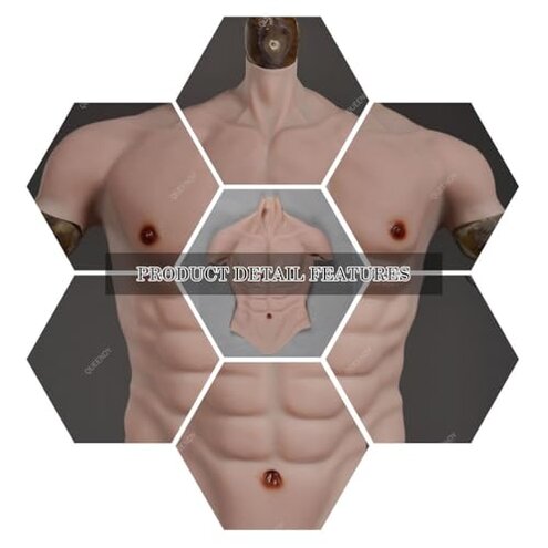 QUEENDY High Collar Silicone Muscle Suit - Ultra-Realistic Soft Male Chest & Drag Abs Enhancer for Costumes Transgender,Color 1,One Size