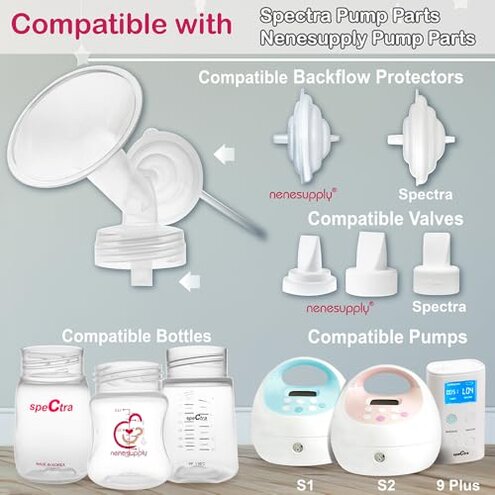 Nenesupply Pump Parts Compatible with Spectra S2 S1 9 Plus Breast Pump to Replace Spectra Pump Parts S2 Accessories Flange 24mm Duckbill Valve Tubing Pumping Bottles Backflow Protector (24mm x 4 Sets)