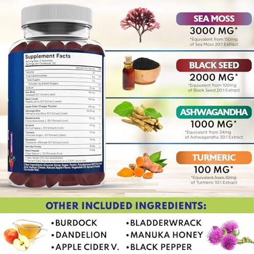 Sea Moss Gummies, Sea Moss, Black Seed, Ashwagandha, Turmeric, Manuka Honey, ACV, Dandelion, Black Pepper, Burdock, Bladderwrack, Vegan - 120 Count