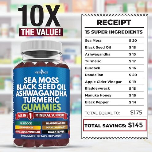Sea Moss Gummies, Sea Moss, Black Seed, Ashwagandha, Turmeric, Manuka Honey, ACV, Dandelion, Black Pepper, Burdock, Bladderwrack, Vegan - 120 Count