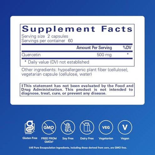 Pure Encapsulations Quercetin - 500 mg - Immune Support, Cellular Health & Heart Health - Antioxidant Supplement - Gluten Free & Non-GMO - 120 Capsules