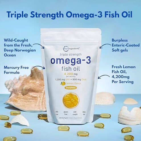Micro Ingredients Triple Strength Omega 3 Fish Oil Supplements 4200mg Per Serving, 240 Softgels &ndash; Lemon Flavored &ndash; Burpless | EPA 1200mg + DHA 900mg | Deep Sea Fish