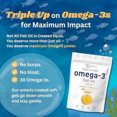 Micro Ingredients Triple Strength Omega 3 Fish Oil Supplements 4200mg Per Serving, 240 Softgels &ndash; Lemon Flavored &ndash; Burpless | EPA 1200mg + DHA 900mg | Deep Sea Fish