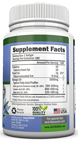 NutriONN Borage Oil - 1000 mg - 180 Softgels - Cold Pressed High GLA Borage Seed Oil - Hexane and PA Free - Great for Skin, Hair and Bones.