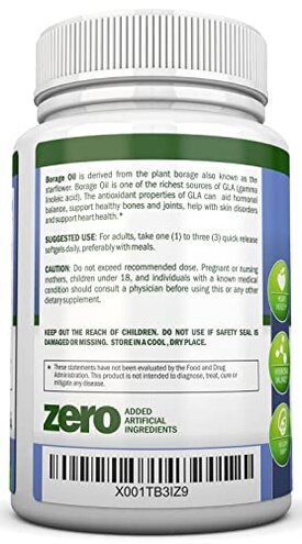 NutriONN Borage Oil - 1000 mg - 180 Softgels - Cold Pressed High GLA Borage Seed Oil - Hexane and PA Free - Great for Skin, Hair and Bones.