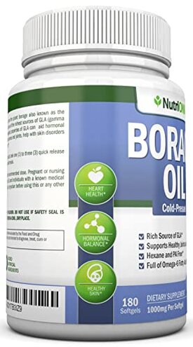 NutriONN Borage Oil - 1000 mg - 180 Softgels - Cold Pressed High GLA Borage Seed Oil - Hexane and PA Free - Great for Skin, Hair and Bones.
