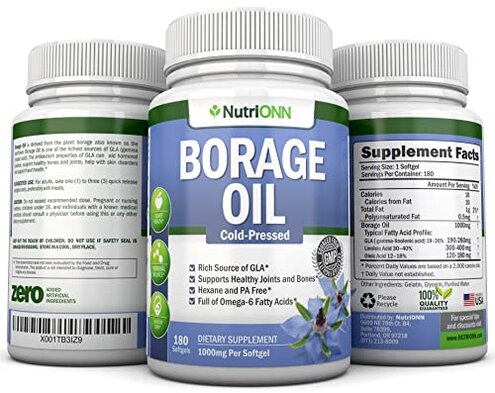 NutriONN Borage Oil - 1000 mg - 180 Softgels - Cold Pressed High GLA Borage Seed Oil - Hexane and PA Free - Great for Skin, Hair and Bones.