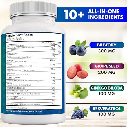 NEW AGE Eye Health Vitamins with Bilberry 300mg Lutein & Zeaxanthin 40mg Lycopene 40mg Resveratrol 100mg Grape Seed Extract 200mg Astaxanthin - Eye Vitamin -120 Count