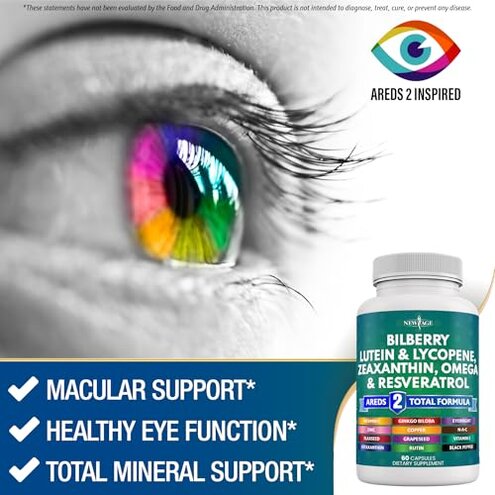 NEW AGE Eye Health Vitamins with Bilberry 300mg Lutein & Zeaxanthin 40mg Lycopene 40mg Resveratrol 100mg Grape Seed Extract 200mg Astaxanthin - Eye Vitamin -120 Count
