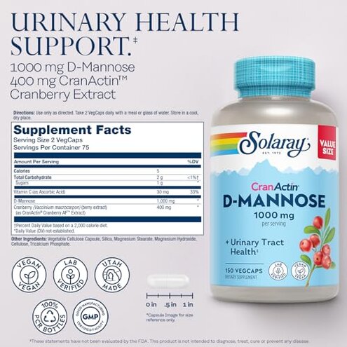 Solaray D-Mannose 1000mg with CranActin Cranberry Supplement 400mg, Urinary Tract Health & Bladder Support Capsules with Vitamin C, Vegan, 60 Day Guarantee, 75 Servings, 150 VegCaps