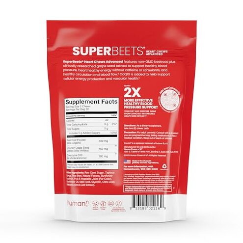 humanN SuperBeets Heart Chews Advanced - 100mg of CoQ10 Plus Beetroot & Grape Seed Extract, 60 Count