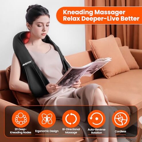 AMZPONY&reg; Cordless Neck Massager for Pain Relief Deep Tissue, Rechargeable Shiatsu Neck and Back Massager with Heat Kneading Shoulder Massage for Body Muscle Pain Relief,Gifts for Dad Mom Friends