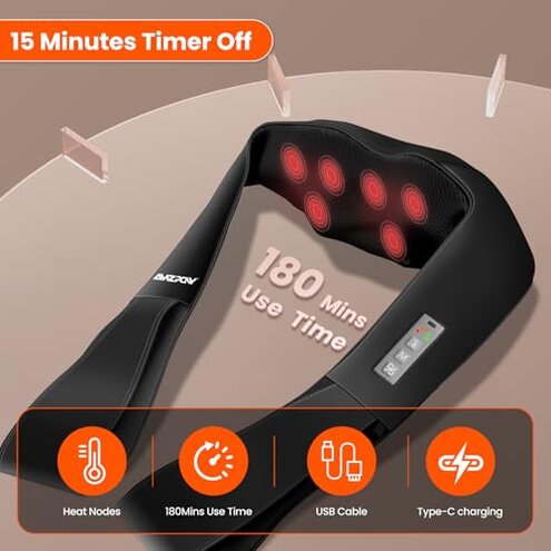 AMZPONY&reg; Cordless Neck Massager for Pain Relief Deep Tissue, Rechargeable Shiatsu Neck and Back Massager with Heat Kneading Shoulder Massage for Body Muscle Pain Relief,Gifts for Dad Mom Friends