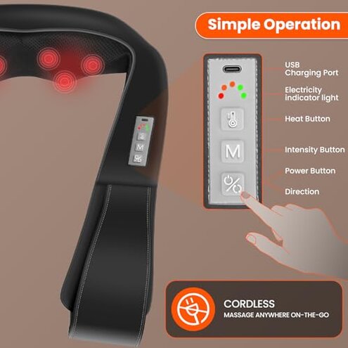 AMZPONY&reg; Cordless Neck Massager for Pain Relief Deep Tissue, Rechargeable Shiatsu Neck and Back Massager with Heat Kneading Shoulder Massage for Body Muscle Pain Relief,Gifts for Dad Mom Friends