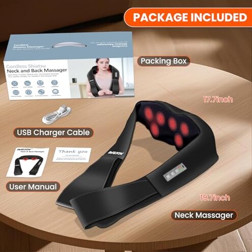 AMZPONY&reg; Cordless Neck Massager for Pain Relief Deep Tissue, Rechargeable Shiatsu Neck and Back Massager with Heat Kneading Shoulder Massage for Body Muscle Pain Relief,Gifts for Dad Mom Friends
