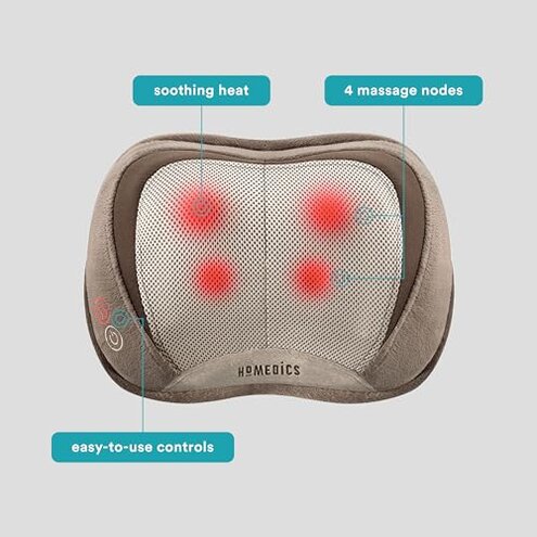HoMedics Back and Neck Massager, Portable Shiatsu All Body Massage Pillow with Heat, Targets Upper and Lower Back, Neck and Shoulders. Lightweight for Travel