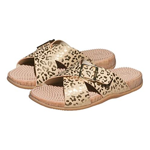Revs - Arkaig - Women&rsquo;s Cross Strap Reflexology Massage Sandals, Gold Cheetah US7