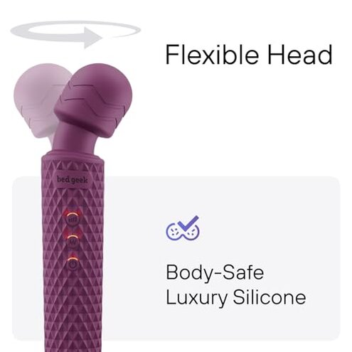 bed geek Handheld Cordless Personal Wand Massager &ndash; Waterproof, USB Rechargeable, 20 Vibration Patterns, 8 Speeds, Memory Feature, Skin-Soft Silicone for Ultimate Relaxation Tool (Purple)