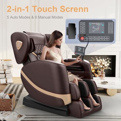 FURNIMAT 2025 Massage Chair Full Body, Zero Gravity Massage Chair with 10 Fix Rollers, Heating, Foot Massage, Auto Modes, Bluetooth Speaker, Touch Screen Controller (Brown Premium)