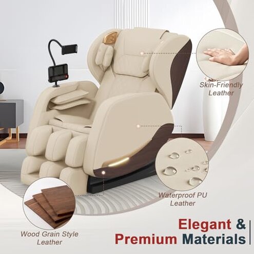 2025 Massage Chair, Massage Chairs Full Body and Recliner with 10 Fixed Points, Zero Gravity, Wood Grain Leather, Foot Massage, Airbags, Lumbar Heating, Bluetooth and Control Screen (Creamy White)