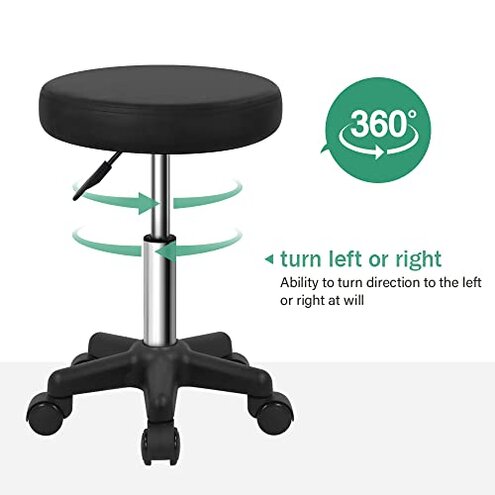 FURWOO Round Rolling Stool Height Adjustable Stool with Wheels for Spa Salon Massage Black