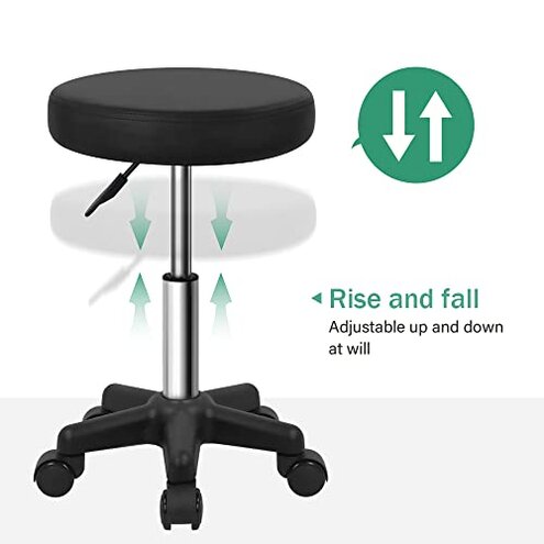 FURWOO Round Rolling Stool Height Adjustable Stool with Wheels for Spa Salon Massage Black