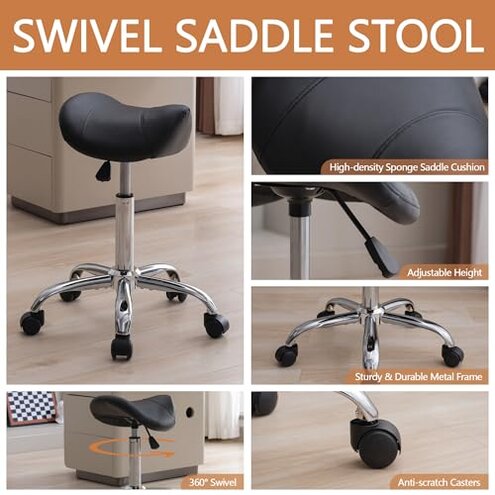 FIRAVOE Saddle Stool, Swivel Saddle Stools with Wheels, Adjustable Rolling Stool 18"-26", Faux Leather Rolling Saddle Stool for Salon, Massage, Clinic, Lab, Office (Black, 1PCS (18"-26"))
