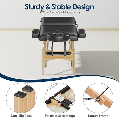 Brelley Massage Table Portable Wooden Lash Bed 24" Wide Adjustable Height 2-Fold Spa Table Foldable Tattoo Bed (Black)