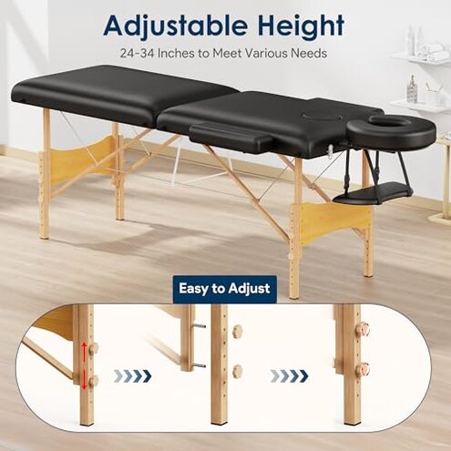 Brelley Massage Table Portable Wooden Lash Bed 24" Wide Adjustable Height 2-Fold Spa Table Foldable Tattoo Bed (Black)