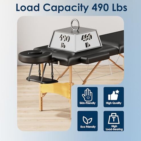 Brelley Massage Table Portable Wooden Lash Bed 24" Wide Adjustable Height 2-Fold Spa Table Foldable Tattoo Bed (Black)