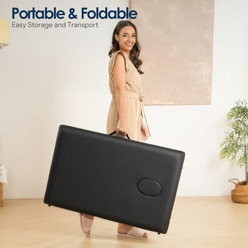 Brelley Massage Table Portable Wooden Lash Bed 24" Wide Adjustable Height 2-Fold Spa Table Foldable Tattoo Bed (Black)