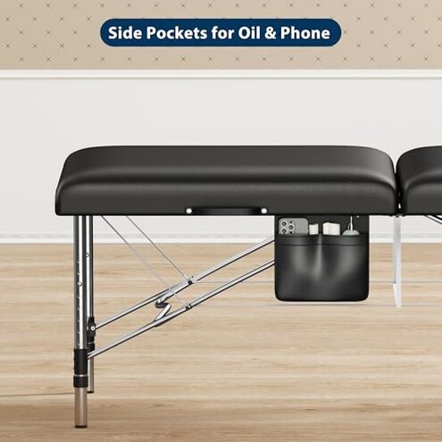 Brelley Massage Table Portable, 2-Fold Lash Bed with Side Pocket, Adjustable Height, Sturdy Aluminum Frame, Esthetician Spa Facial Tattoo Bed with Face Cradle & Carrying Bag, Black