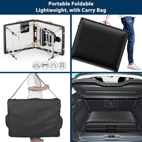 Brelley Massage Table Portable, 2-Fold Lash Bed with Side Pocket, Adjustable Height, Sturdy Aluminum Frame, Esthetician Spa Facial Tattoo Bed with Face Cradle & Carrying Bag, Black