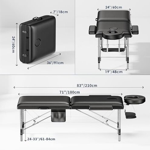 Brelley Massage Table Portable, 2-Fold Lash Bed with Side Pocket, Adjustable Height, Sturdy Aluminum Frame, Esthetician Spa Facial Tattoo Bed with Face Cradle & Carrying Bag, Black