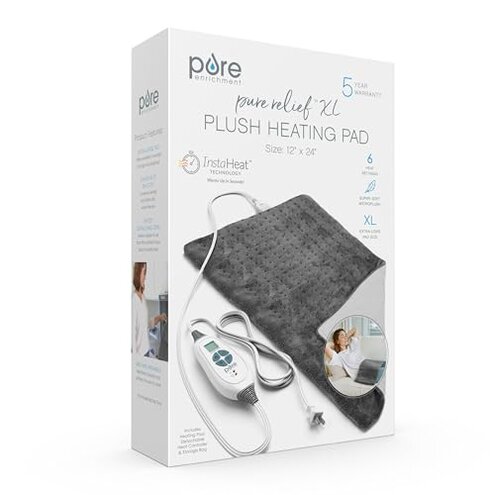 Pure Enrichment® PureRelief® XL Heating Pad - 12" x 24" Electric Heating Pad for Back Pain & Cramps, 6 Heat Settings, Soft Machine Wash Fabric, Auto-Off & Moist Heat (Charcoal Gray)