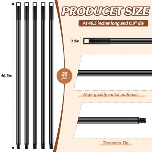 Gisafai 20 Pcs Broom Handle with Threaded Tip Powder Coated Broom Handle Metal Cleaning Pole with Plastic Thread Stick for Floor Brushes Replacement Cleaning Tools Accessories