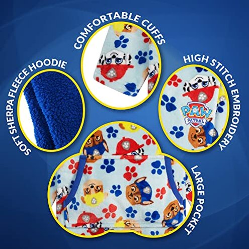 Paw Patrol Blanket Hoodie for Kids Toddlers, Fleece Wearable Blanket with Sherpa Hood, Marshall Rubble Chase Gifts for Kids (Blue, 4-6 Years)