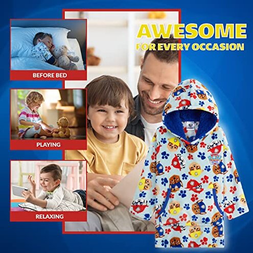 Paw Patrol Blanket Hoodie for Kids Toddlers, Fleece Wearable Blanket with Sherpa Hood, Marshall Rubble Chase Gifts for Kids (Blue, 4-6 Years)