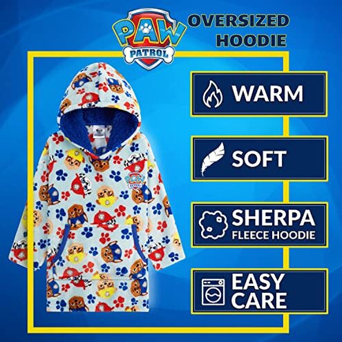 Paw Patrol Blanket Hoodie for Kids Toddlers, Fleece Wearable Blanket with Sherpa Hood, Marshall Rubble Chase Gifts for Kids (Blue, 4-6 Years)