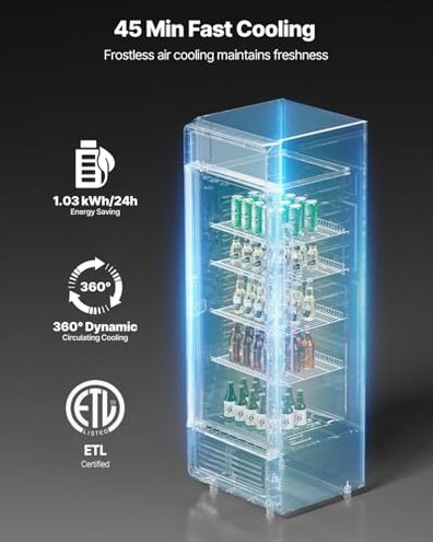 VEVOR Commercial Merchandiser Refrigerator, 6.9 CU.FT Glass Door Display Refrigerator, Beverage Refrigerator Cooler Merchandiser with Adjustable Shelves, Soft LED Light, Customizable Lightbox, Black