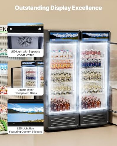 VEVOR Commercial Merchandiser Refrigerator, 6.9 CU.FT Glass Door Display Refrigerator, Beverage Refrigerator Cooler Merchandiser with Adjustable Shelves, Soft LED Light, Customizable Lightbox, Black
