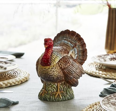 Spode 14oz Turkey-Shaped Gravy Boat with Ladle - Dolomite Thanksgiving Serveware | Large Table Centerpiece | Decorative Serving Bowl | Holiday Soup Bowl, For Thanksgiving Dinner and Festive Meals