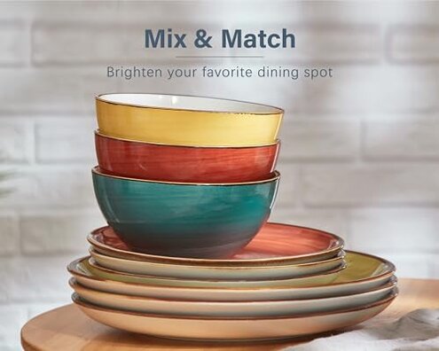 ONEMORE Plates and Bowls Set - Microwavable, Oven & Dishwasher Safe Porcelain Dinnerware Set - Scratch Resistant, Ceramic Dishware for 4(12pcs) - Assorted Colors