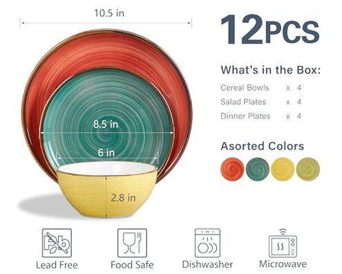 ONEMORE Plates and Bowls Set - Microwavable, Oven & Dishwasher Safe Porcelain Dinnerware Set - Scratch Resistant, Ceramic Dishware for 4(12pcs) - Assorted Colors