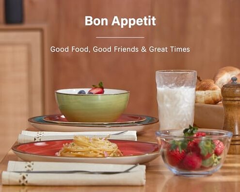 ONEMORE Plates and Bowls Set - Microwavable, Oven & Dishwasher Safe Porcelain Dinnerware Set - Scratch Resistant, Ceramic Dishware for 4(12pcs) - Assorted Colors