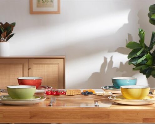 ONEMORE Plates and Bowls Set - Microwavable, Oven & Dishwasher Safe Porcelain Dinnerware Set - Scratch Resistant, Ceramic Dishware for 4(12pcs) - Assorted Colors