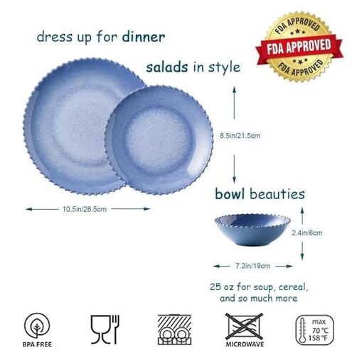 MissYIP 12 Piece Melamine Dinnerware Sets, Service for 4, Lightweight Unbreakable, BPA Free, Food Grade Plates Sets, Dishwasher Safe, Indoor and Outdoor Use