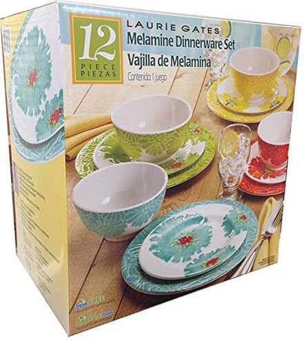 Laurie Gates - 12 Piece Melamine Dinnerware Set (Red, Yellow, Green, Blue)